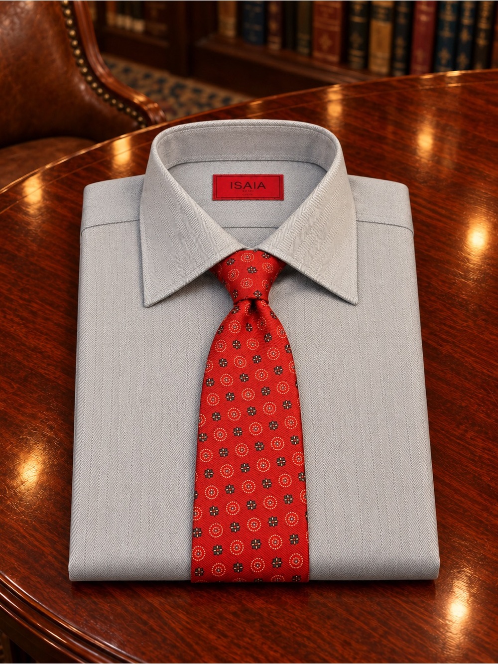 Isaia Light Gray Herringbone Dress Shirt with Red Patterned Tie